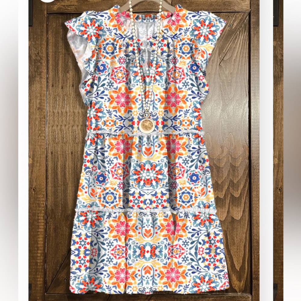 Vintage Graphic Print Ruffled Midi Dress, size L